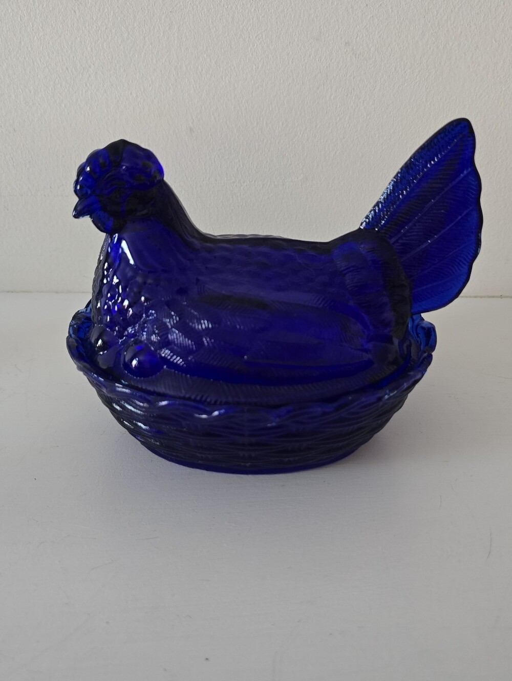 Vintage Cobalt Blue Glass Hen on Nest Covered Dish